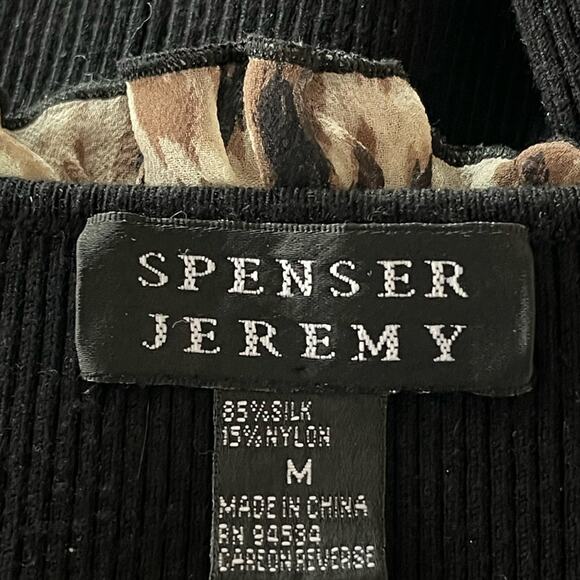 Vintage Ruffle Trim Ribbed Tank Top Black & Animal Print Detail Y2K Glam - Picture 3 of 9